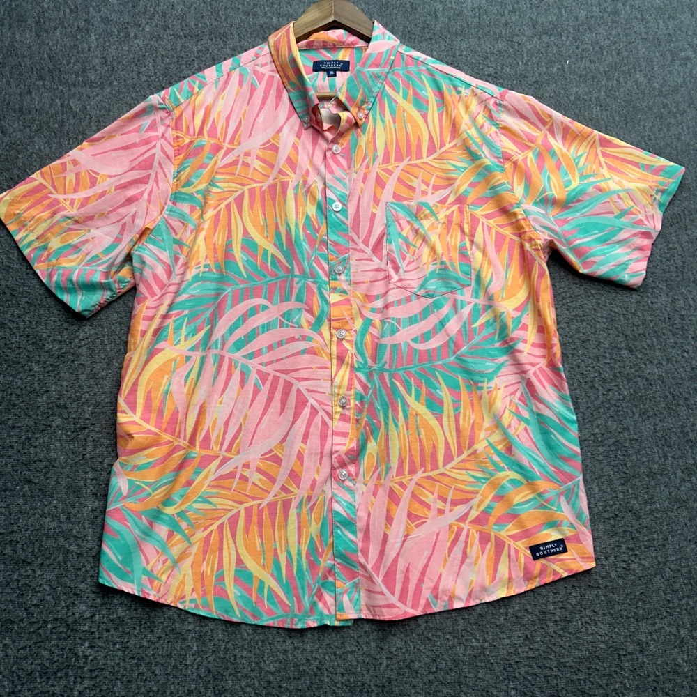 Simply Southern Hawaiian Shirt Mens XL Tropical Leaf Print Button Casual‎